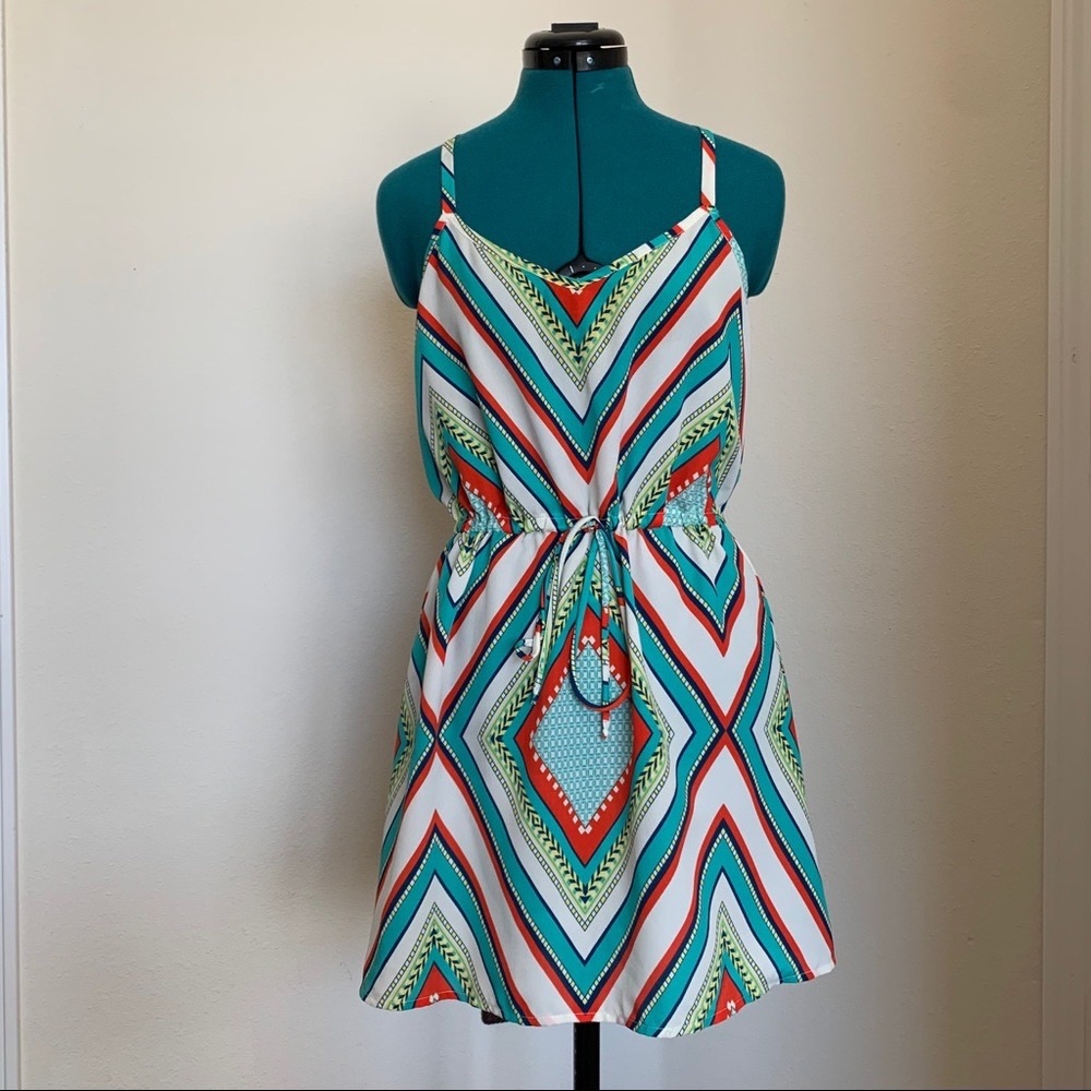 Glam, waist tie, mini tank flare dress, print red turquoise geometric print, NWT